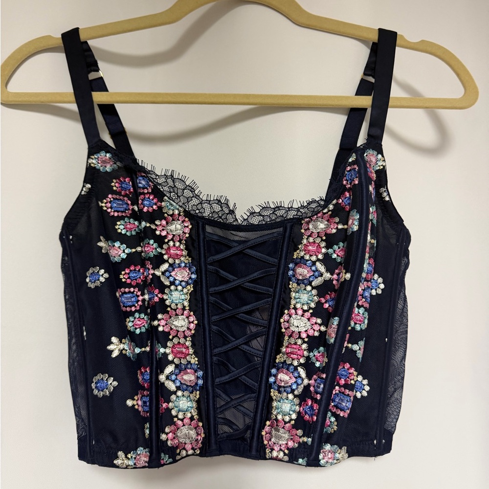 Victorias Secret Dream Angels Lace-Up Corset Top Bra Floral navy blue NWT